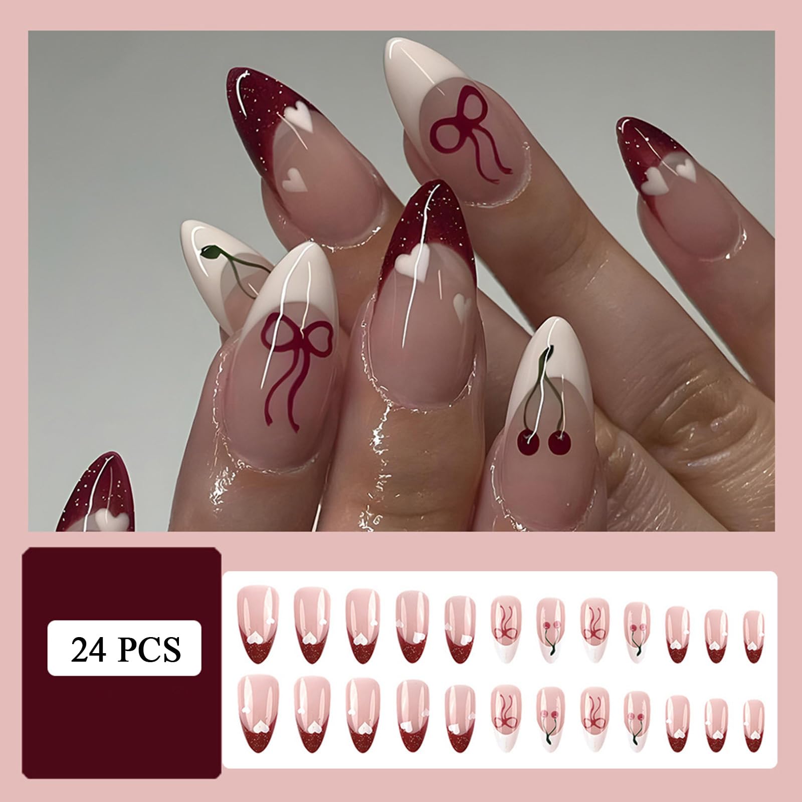 24Pcs French Tip Press on Nails Medium Almond Fake Nails with Red Cherry Bow Heart Designs Glossy False Nails Cute Acrylic Nails Gel Glue on Nails for Coquette Women Girlfriend Gift - Image 4