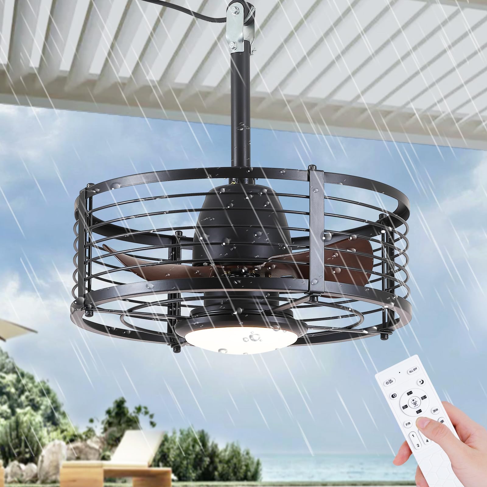 Photo 1 of *Missing parts unknown* Mpayel Outdoor Ceiling Fan with Light for Waterproof, 18" Caged Low Profile Industrial Fan Light Fixture, Black Plug In with Hook Ceiling Fan for Outdoor Patios, Gazebo