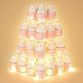 Suneerplay 4 Tier Cupcake Stand with LED String Light, Acrylic Cupcake Display Stand, Square Cupcake Tower Holder, Cup Cake Stand for Birthday, Wedding, Baby Shower, Party