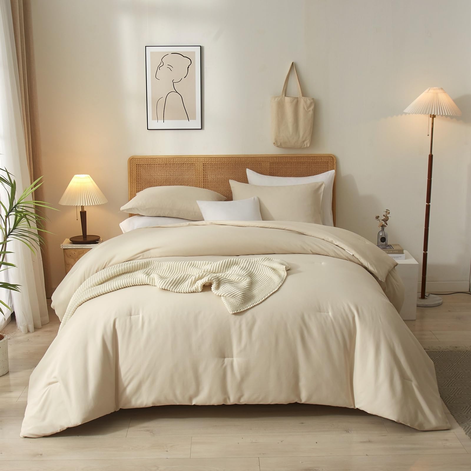 AMWAN Beige Comforter Set Full Boho Beige Bedding Sets Soft 3 Piece Full Size Comforter Set 1 Beige Tan Comforter with 2 Pillow Shams Fluffy Down Alternative Comforter Farmhouse All Seasons Bed Set