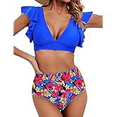 Soucrat Women's Ruffle High Waisted Swimsuit Two Piece Tropical Print Swimsuit Push Up Bathing Suit