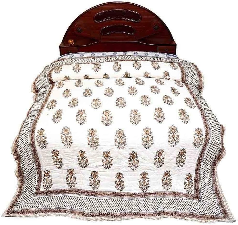 Jaipur Raga Floral Designer White N Brown Jaipuri Handblock Double Bed Quilt Standard