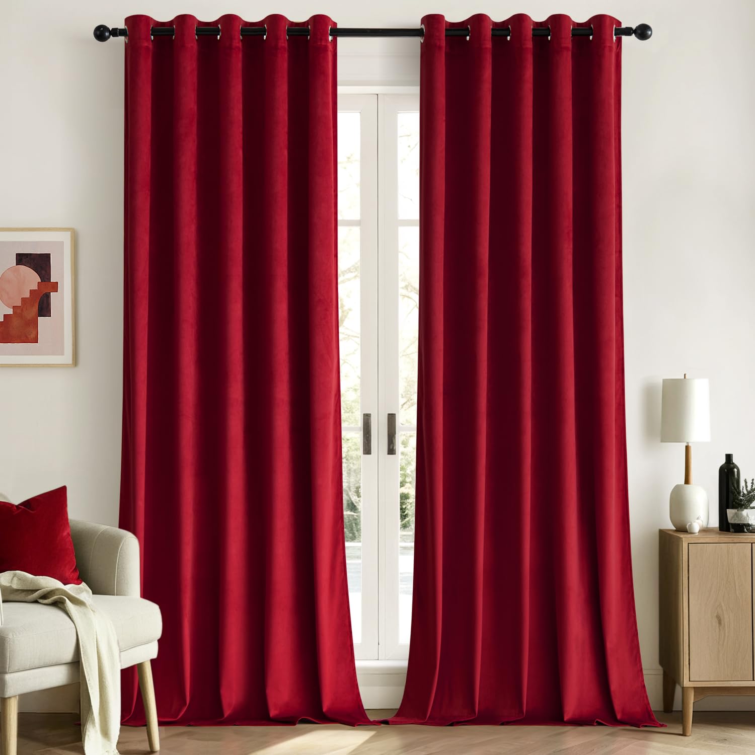 Woaboy Velvet Curtains 90 Drop Red Curtain for Living Room Thermal Blackout for Bedroom Luxury Eyelet Drapes Super Soft Window Treatment Insulated Soundproof & Room Darkening W 66 x L 90 2 Panels