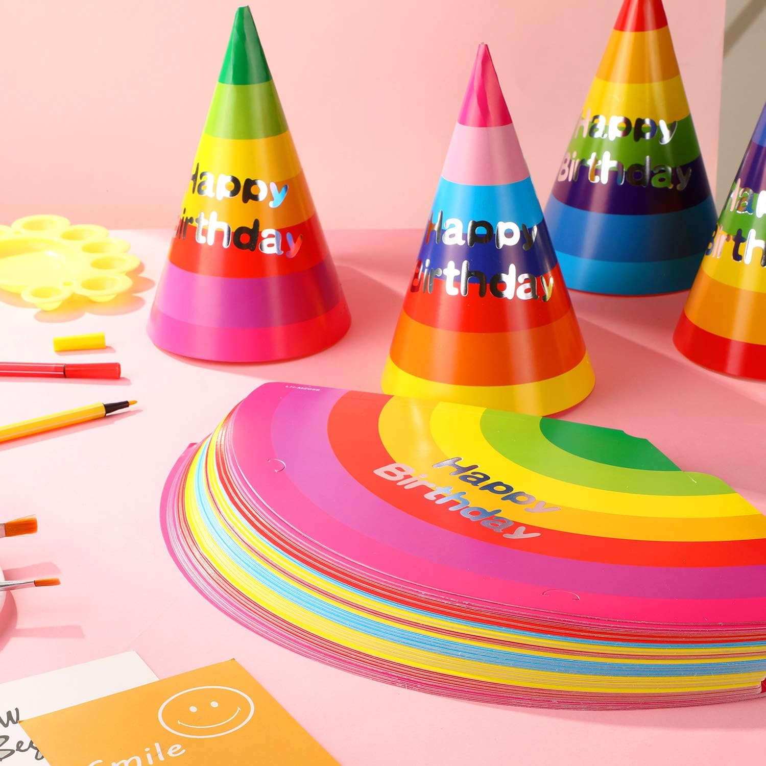 20 Pieces Rainbow Birthday Party Hats Adorable Party Cone Hats with Colorful Happy Birthday Banner for Adults Kids Birthday Party Decorations: Toys & Games