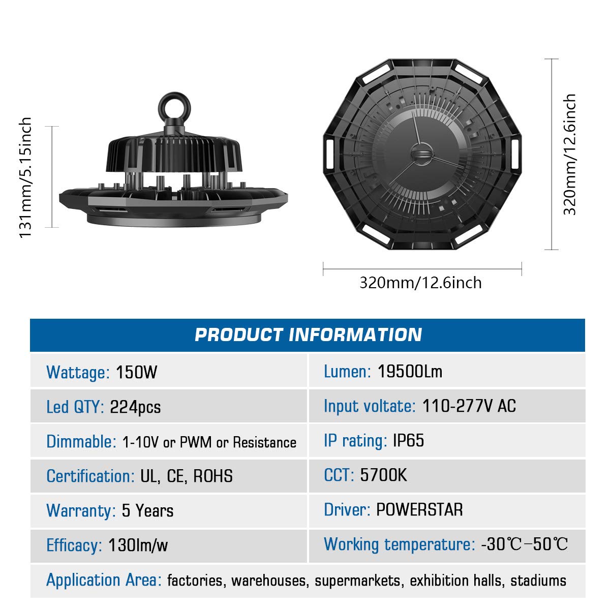 Abodong High Bay LED Light Fixture 150W 19500LM 5700K Outddor Lighting Alternative to 600W HPS/MH with 110-277V 2M AC Power Cord UL/DLC Approved IP 65 (150W with 2M PowerCord)