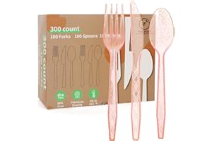 FULJOOY 300Pcs Clear Rose Gold Plastic Silverware Heavy Duty Plastic Cutlery Set Heavyweight Disposable Flatware Includes Spoon Fork Knives Cutlery Set for Wedding Birthday Party Supplies Everyday Use
