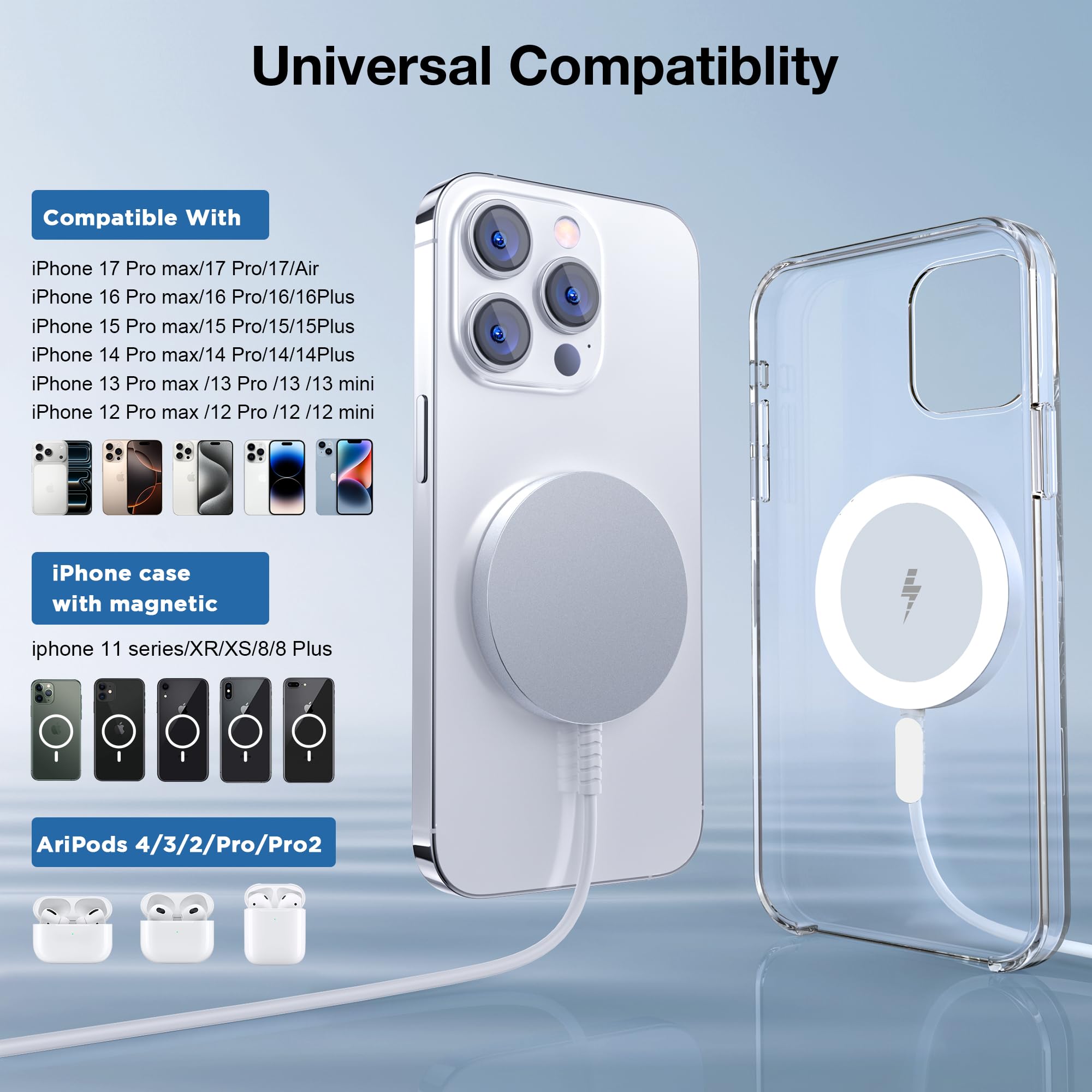 for MagSafe Charger: Magnetic Wireless Charging Pad for iPhone 17 16 15 14 13 12 Series & AirPods 4-2 Pro, Strong Magnet, Aluminum Alloy, USB-C/A Ports, Ultra-Thin & Portable, Ideal for Desk & Bedside