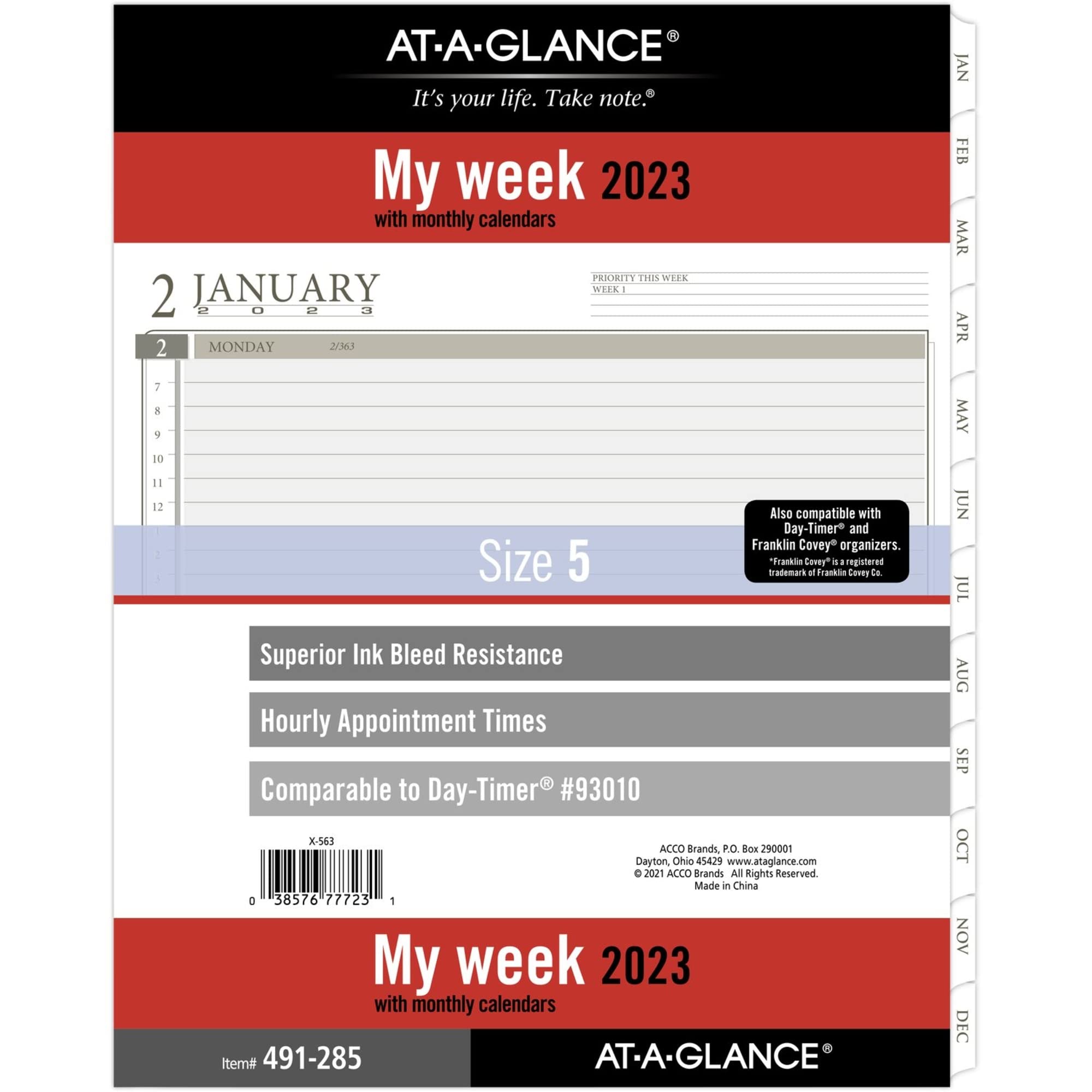 AT-A-GLANCE 2023 Weekly Planner Refill, Hourly, 93010 Day-Timer, 8-1/2" x 11", Size 5, Folio Size, Loose Leaf, Monthly Tabs (491-285)
