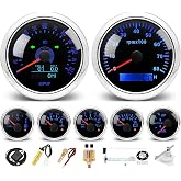 MH 7 Boat Gauge Set - 3-3/8" GPS Speedometer, Tachometer, 2-1/16" Oil Pressure Gauge,Fuel Level,Water Temperature,Voltmeter,Trim Marine Meter Kit Waterproof 7 Color for AUTO (Black and Silver)