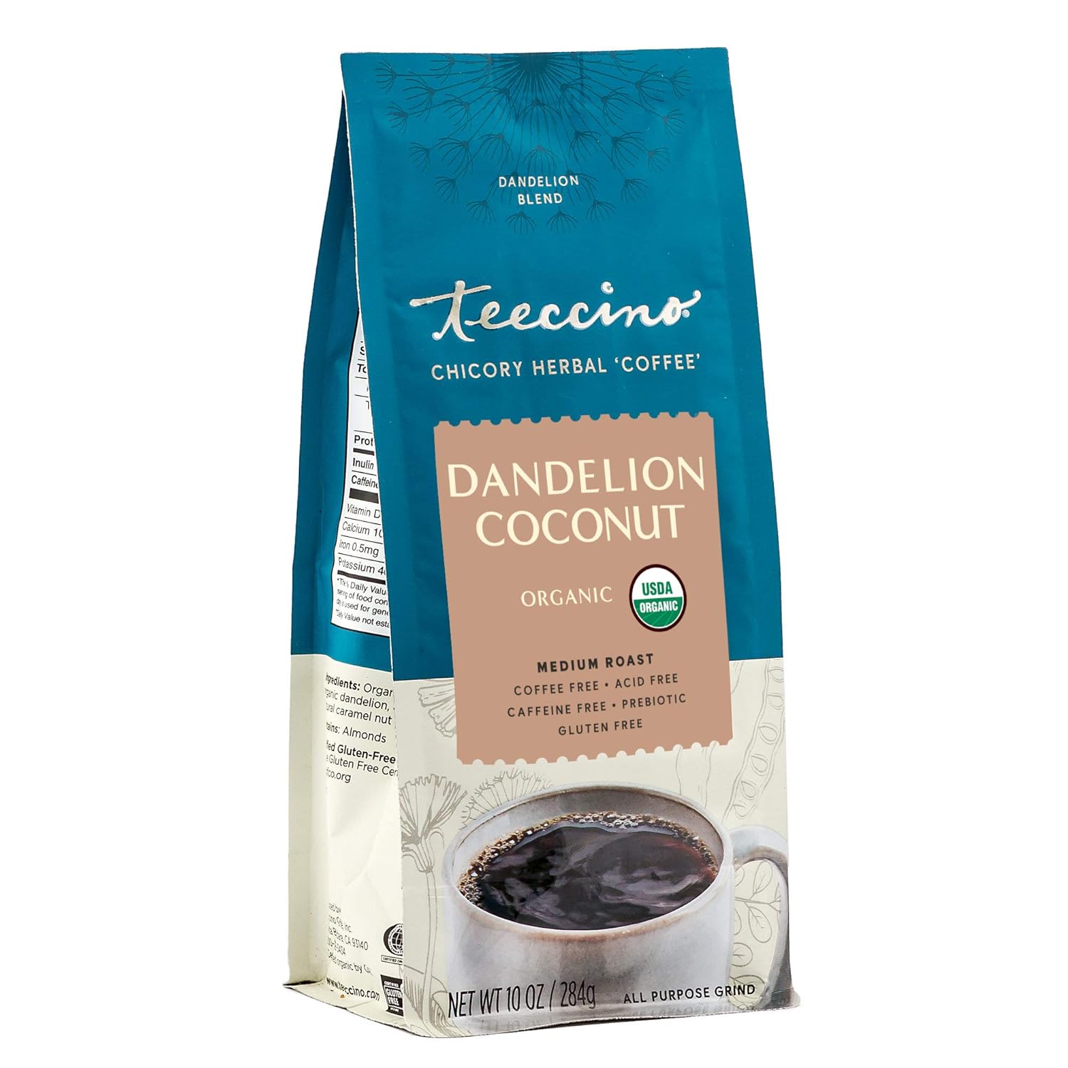 Teeccino Coffee Alternative – Dandelion Coconut – Detox Deliciously with Dandelion Herbal Coffee That’s Prebiotic, Caffeine Free & Gluten Free, Medium Roast, 10 Ounce