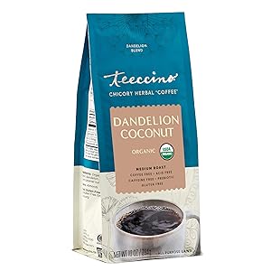 Teeccino Coffee Alternative – Dandelion Coconut – Detox Deliciously with Dandelion Herbal Coffee That’s Prebiotic, Caffeine Free & Gluten Free, Medium Roast, 10 Ounce