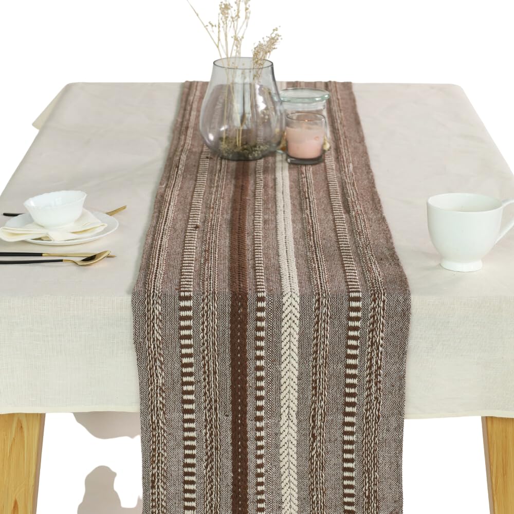 The Art Box Boho Cotton Fabric Table Runner Brown - 14x108 inch Morden Farmhouse Braided Stripe Kitchen Dining Table Runner Tassel for Wedding Home Decor