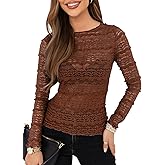Essrite Womens Slim Fit Lace Mesh Top Crew Neck Long Sleeve See Through Shirt Blouses Tops Fall Outfits 2026