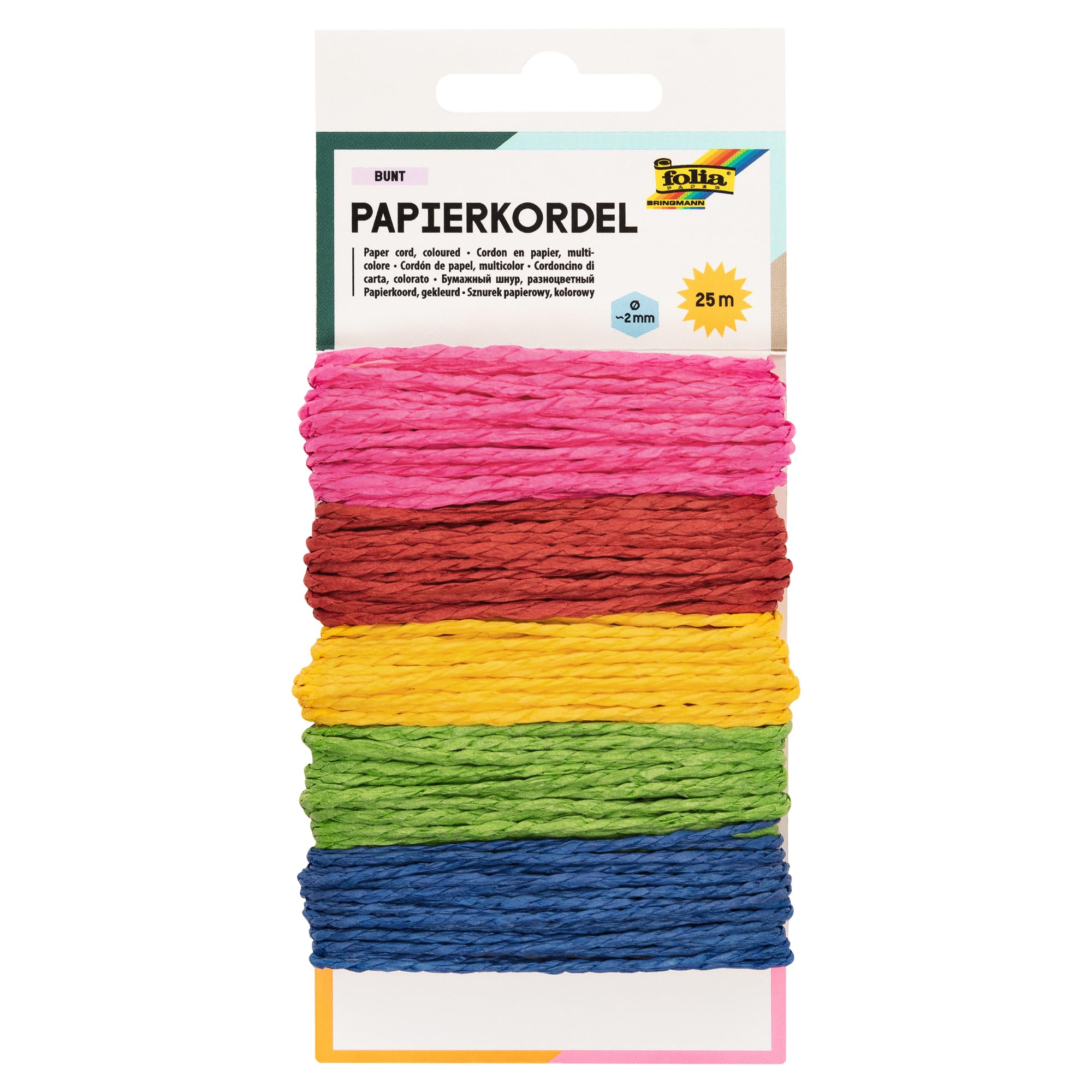 folia 12221 Paper Cord, 5 COLOURS ASSORTED X 5 M