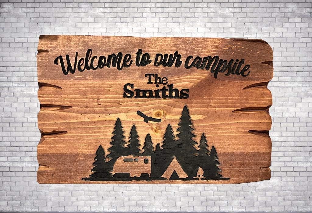 Eden533ope Custom Camping Sign, Personalized Family name for RV pop-up camper sign, Welcome to Our Campsite customized Name Tree Camper Sign 11" x 18".