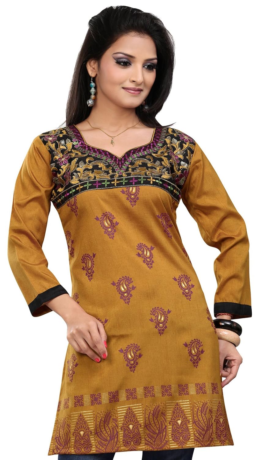 MapleClothing Lange Indien Tunika Top Frauen Kurti Printed Gestickte Bluse Indische Kleidung