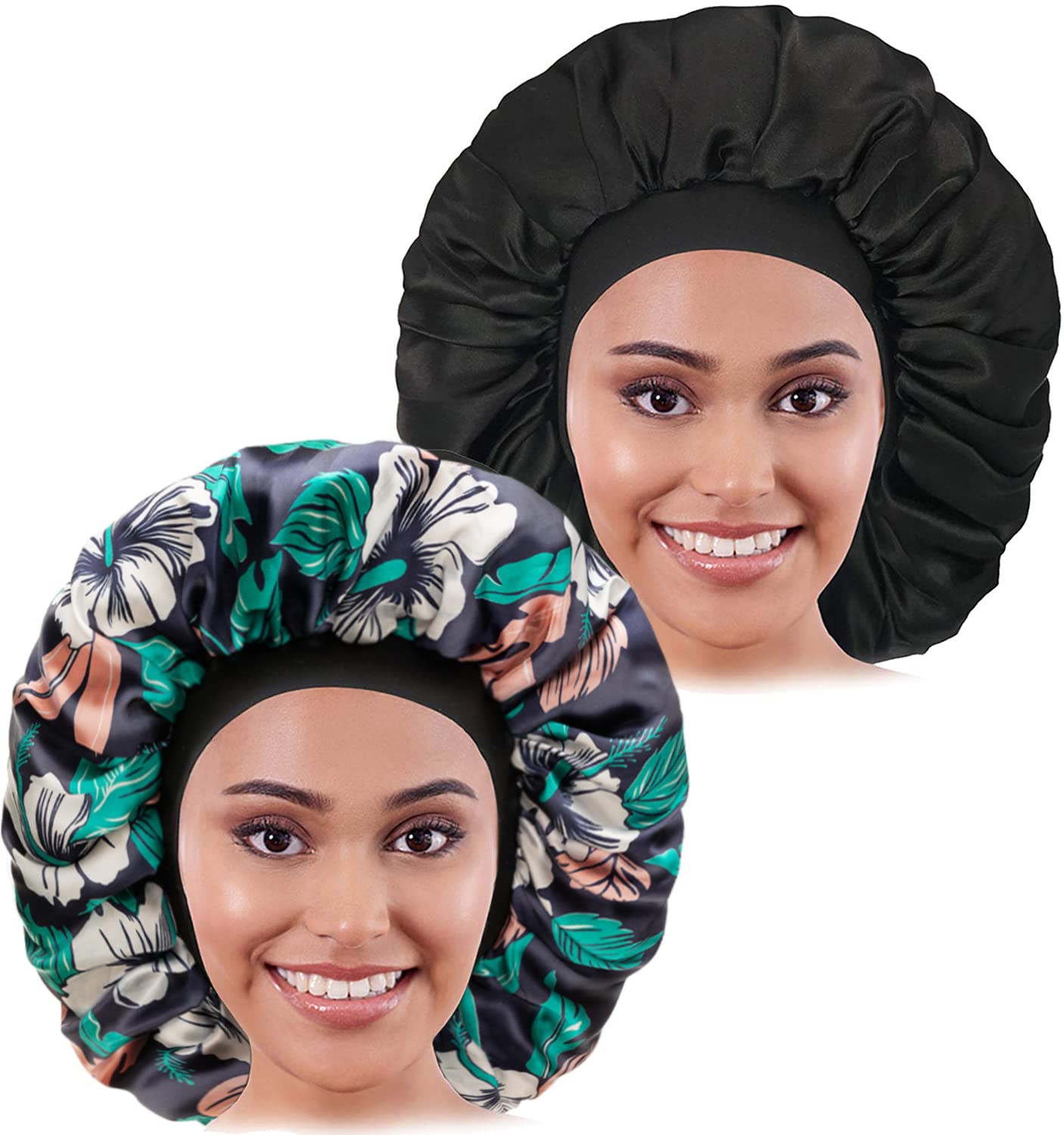 CACASO 2PCS Large Satin Bonnet, Raibaubl Silk Bonnet with Elastic Soft Band, Jumbo Sleep Cap for Women Braids, Natural Long, Curly Hair (Black+Green Pattern)
