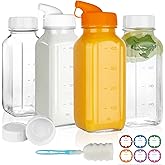 HINGWAH 4 Pack 16 OZ Glass Milk Bottles with Lids, Glass Juice Bottles with Scale & Silicone Pour Spout, Reusable Juice Containers Square Drinking Jars for Milk, Coffee, Smoothies, Water