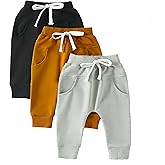 Wabnq 3 Pack Baby Pants Boys Pull-on Jogger Pants Knit Pants Classic Elastic Waist Kids Toddler Pants Long Pants Sweatpants