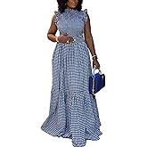 SEMATOMALA Women's Frill Mock Neck Sleeveless Plaid Maxi Dress Smocked Tiered Ruffle Full Length Flowy Boho Dress