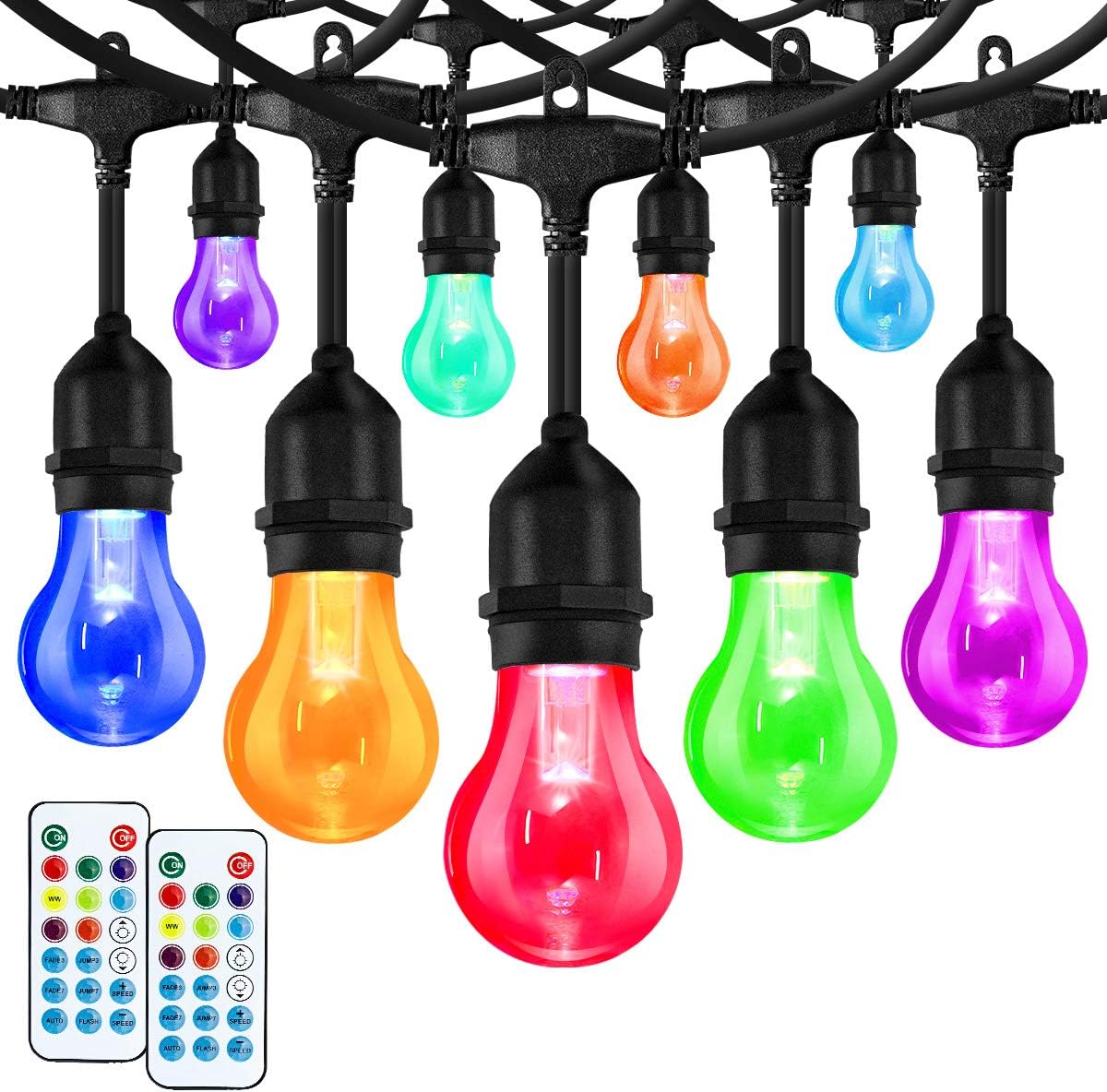 Elfeland LED Outdoor String Lights 48FT RGB Color Changing String Lights Dimmable Hanging Lights Patio Lights Backyard Lights Party Lights with 15Pcs Shatterproof LED Bulb & 2 Remote Controls: Home Improvement