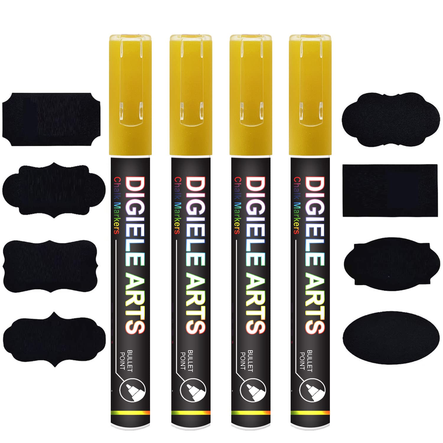 DIGIELE Gold Chalk Marker Pens, 3mm Gold Liquid Pen Markers, Dry or Wet Wipe Erase, Reversible Bullet or Chisel Tip for Blackboard, Whiteboard, Window & Glass, 4pcs Pens + 16 Chalkboard Labels Packed