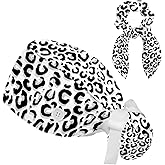 Yellow Orange Pattern Working Caps with Buttons Adjustable Bouffant Hats Tie Back Caps with Hairband