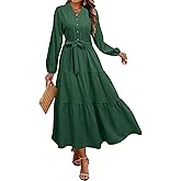 BerryGo Womens Long Sleeve Button Down Dress Casual V Neck Tiered Flowy Aline Tie Waist Shirt Midi Dresses with Pockets