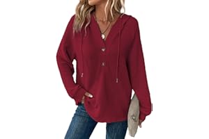 Dokotoo Hoodies for Women Waffle Knit Long Sleeve Drawstring Button V Neck Casual Pullover Sweatshirt Hooded Tops