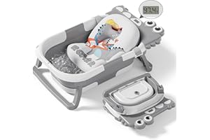 TAVLSHERO Collapsible Baby Bathtub for Newborn, Foldable Baby Bath Tub with Thermometer & Soft Floating Cushion & Drain Hole, Portable Travel Infant Bath Tubs for Newborns to Toddlers 0-36 Months Boys, Grey