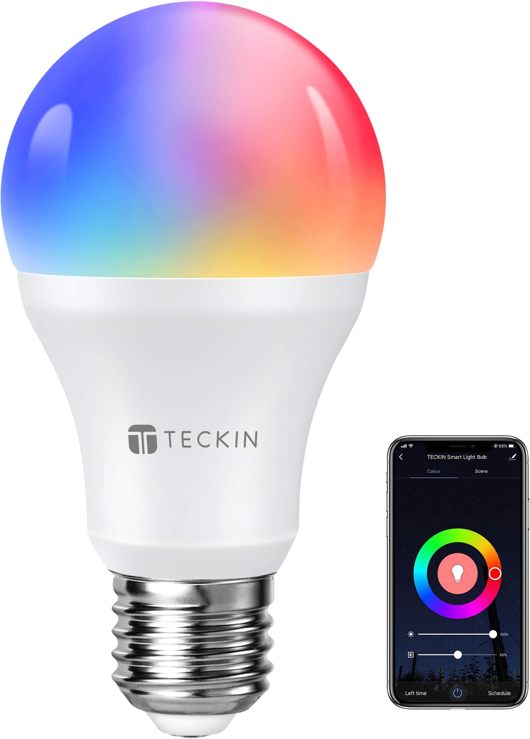 TECKIN Smart Light Bulb, E26 WiFi LED Bulb Work with Alexa&Google Home (No Hub Required), Dimmable RGBW 7.5W LED Color Changing Bulb, 75W Equivalent,16 Million Colors, 800 Lumen, 2700K-6500K, 1 Pack