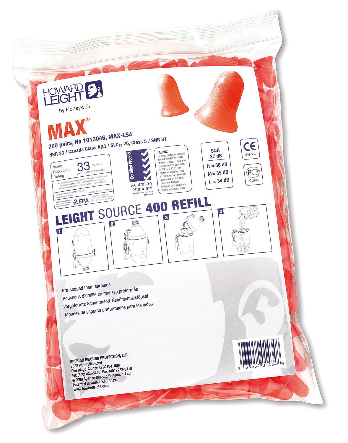 Honeywell 1013046 Howard Leight LS400 Max Refill (Pack of 200 pairs)