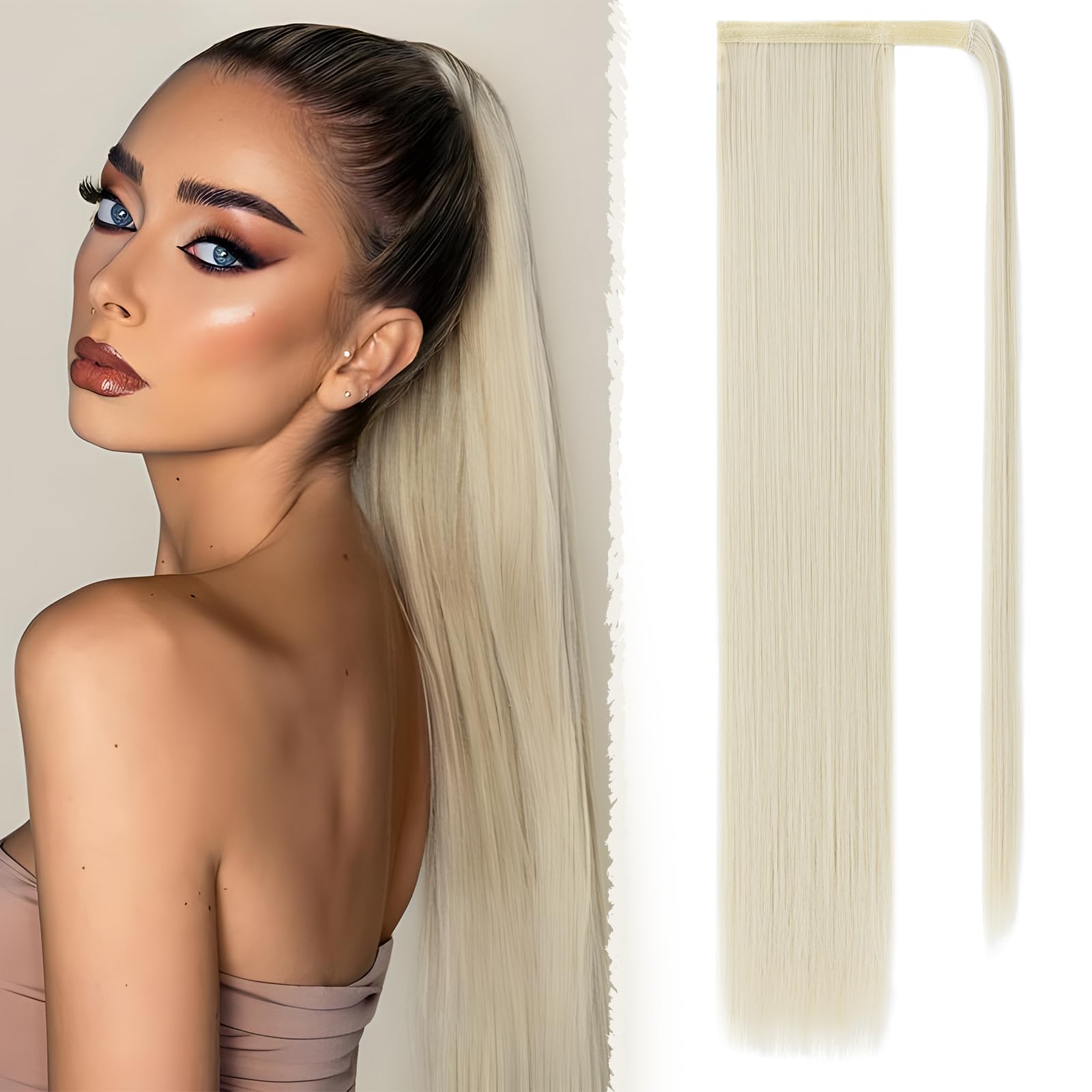 Benehair 28 Inches Straight Ponytail Extension Long Wrap Around Drawstring Ponytail Synthetic Hair Extension Ponytail Light Blonde Hair Pieces for Women(Light Blonde, 140g)