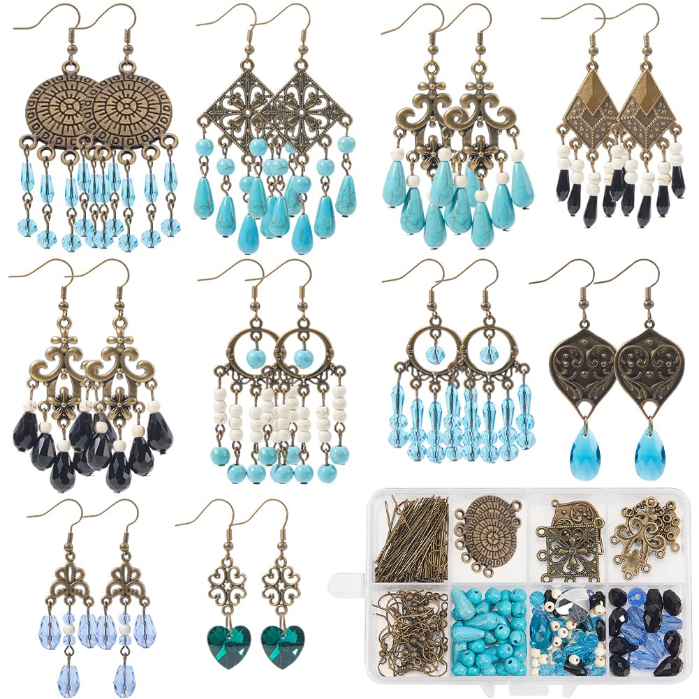 SUNNYCLUE 1 Box 10 Sets Chandelier Earring Making Kit Tibet Style Bohemian Charms Boho Earrings Bulk Lucky Turquoise Bead Glass Beads for jewellery Making Kits DIY Dangle Earrings Women Adult Supplies