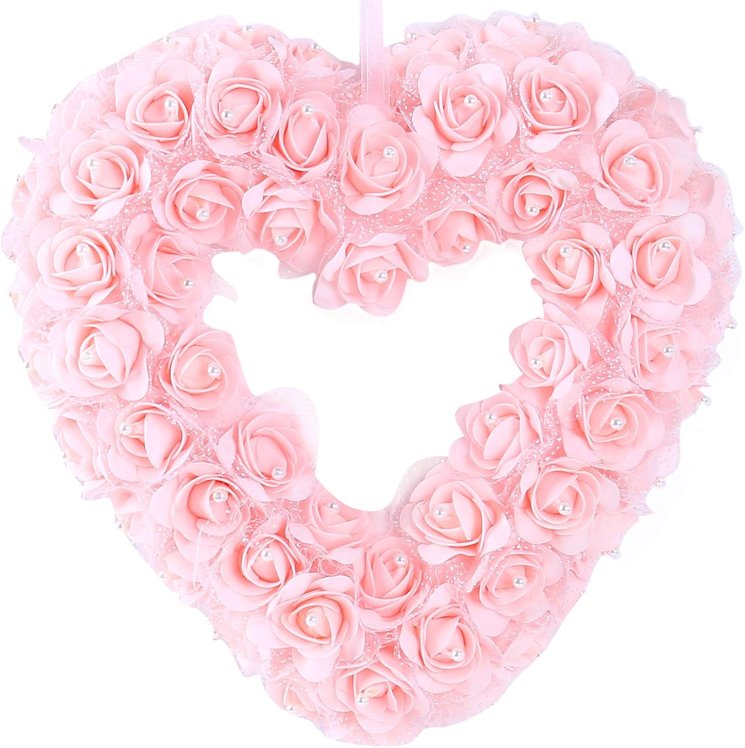 idyllic Heart Shaped Wreath Floral Rose Artificial Garland Door Wreath for Home Wedding Valentine's Day Decoration, Pink, 14 inches