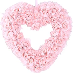 idyllic Heart Shaped Wreath Floral Rose Artificial Garland Door Wreath for Home Wedding Valentine's Day Decoration, Pink, 14 inches