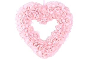idyllic Heart Shaped Wreath Floral Rose Artificial Garland Door Wreath for Home Wedding Valentine's Day Decoration, Pink, 14 inches