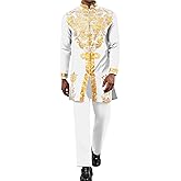Mens African 2 Piece Set Zipper Nigerian Dashiki Metallic Shirt and Pants Outfit Gold Stamp Printed Long Traditional Suit