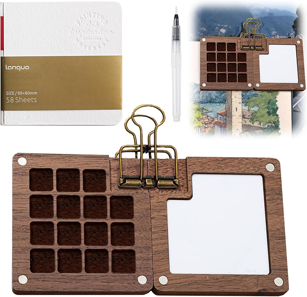 Asheyya Pocket Artist Watercolour Travel Set, 15 Grids Wooden Palette