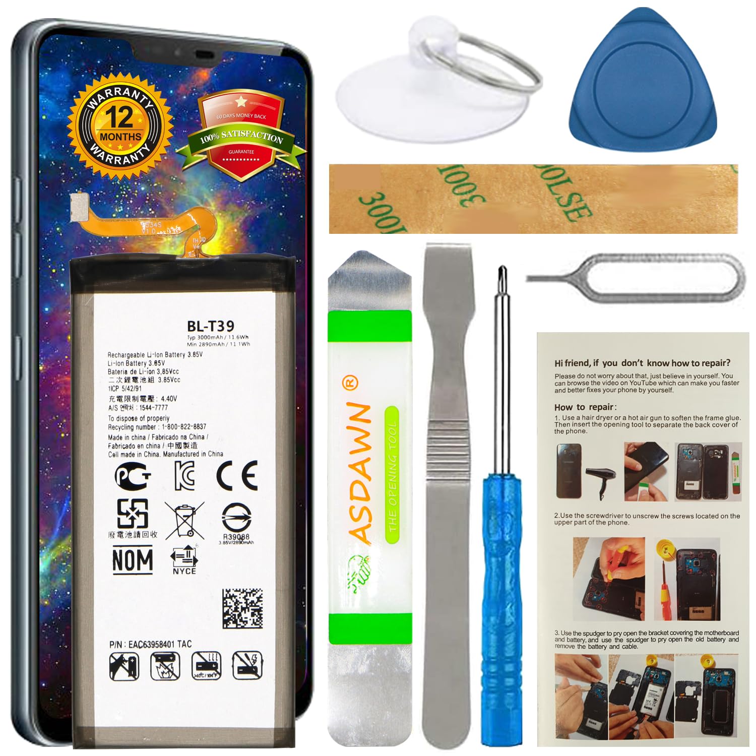 Photo 1 of ASDAWN BL-T39 for LG G7 Battery Replacement, for LG G7 ThinQ Battery G710 LMG710VM Verizon LMQ610 Q7 Plus ThinQ G710EM G710N EAC63958401 with Repair Tools + Installation Instruction