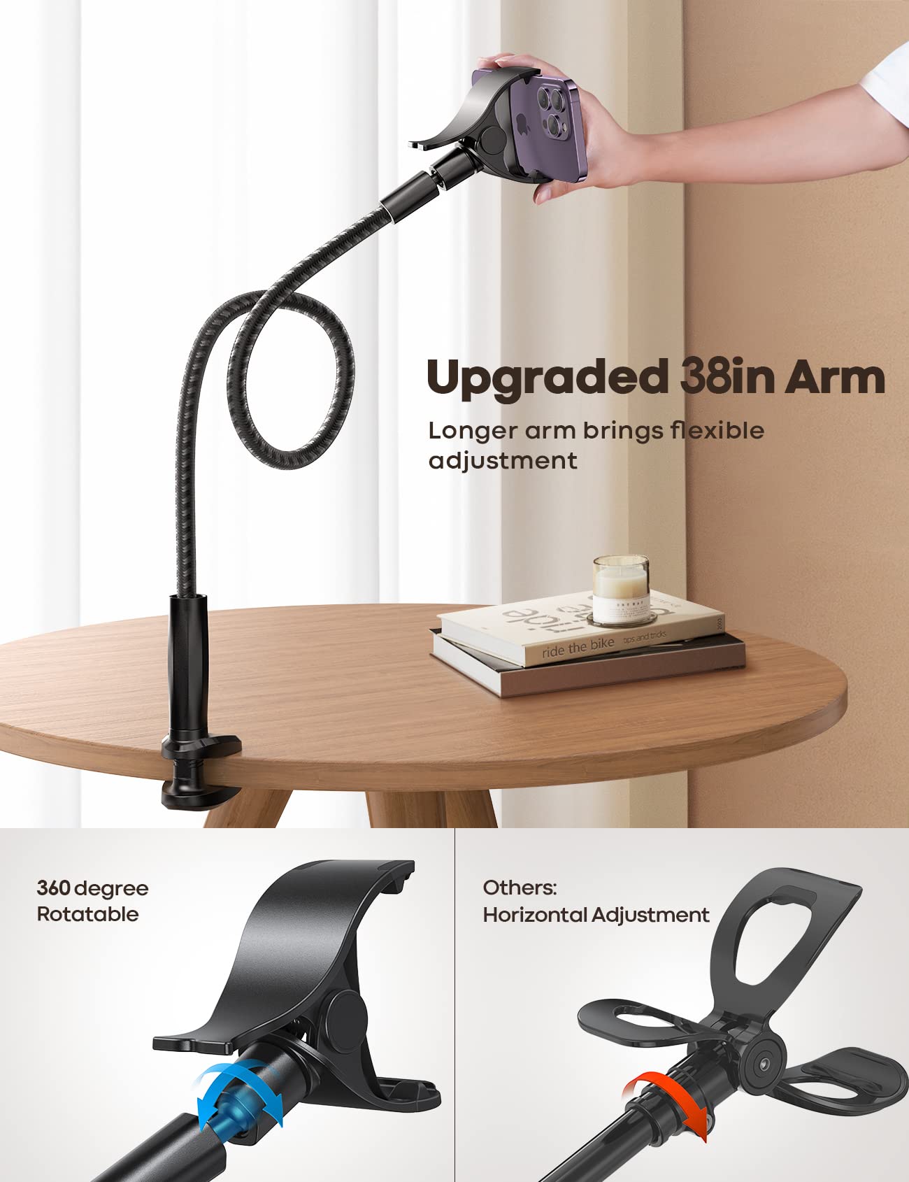 Lamicall Gooseneck Phone Holder Bed - [Nylon Braided] Flexible Arm, 38inch Overall Length, 360 Adjustable Clamp Clip, Overhead Cell Phone Mount Stand for Bed, Desk, 4-7” Cellphone