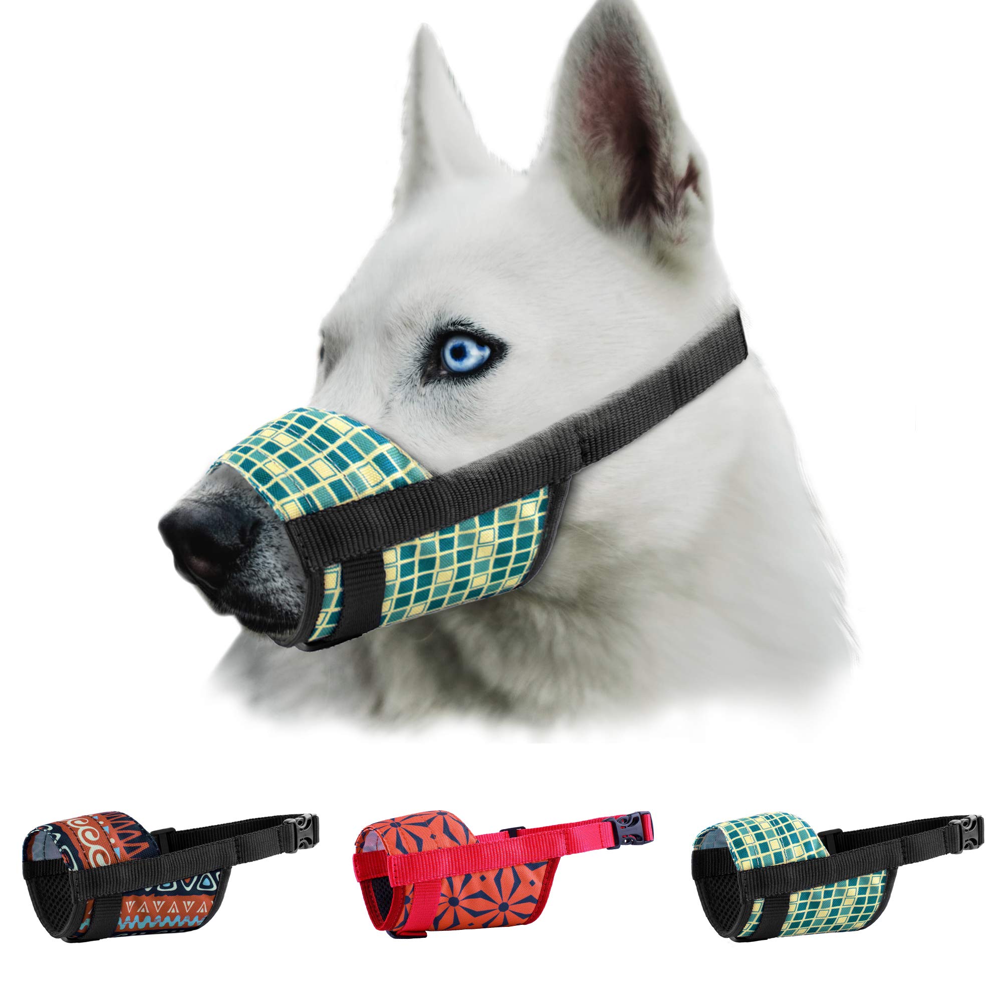 MUROM Dog Muzzle Small Medium Large Soft Breathable Pattern Print Pet Muzzles Puppy Mouth Cover Anti Biting Barking (Pixels, M/L)