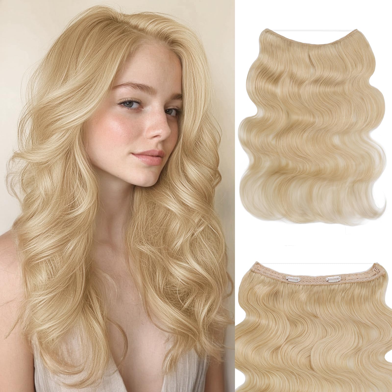 Photo 1 of TESS Wavy Halo Hair Extensions Real Human Hair Adjustable Invisible Wire, 14 Inch, Blonde