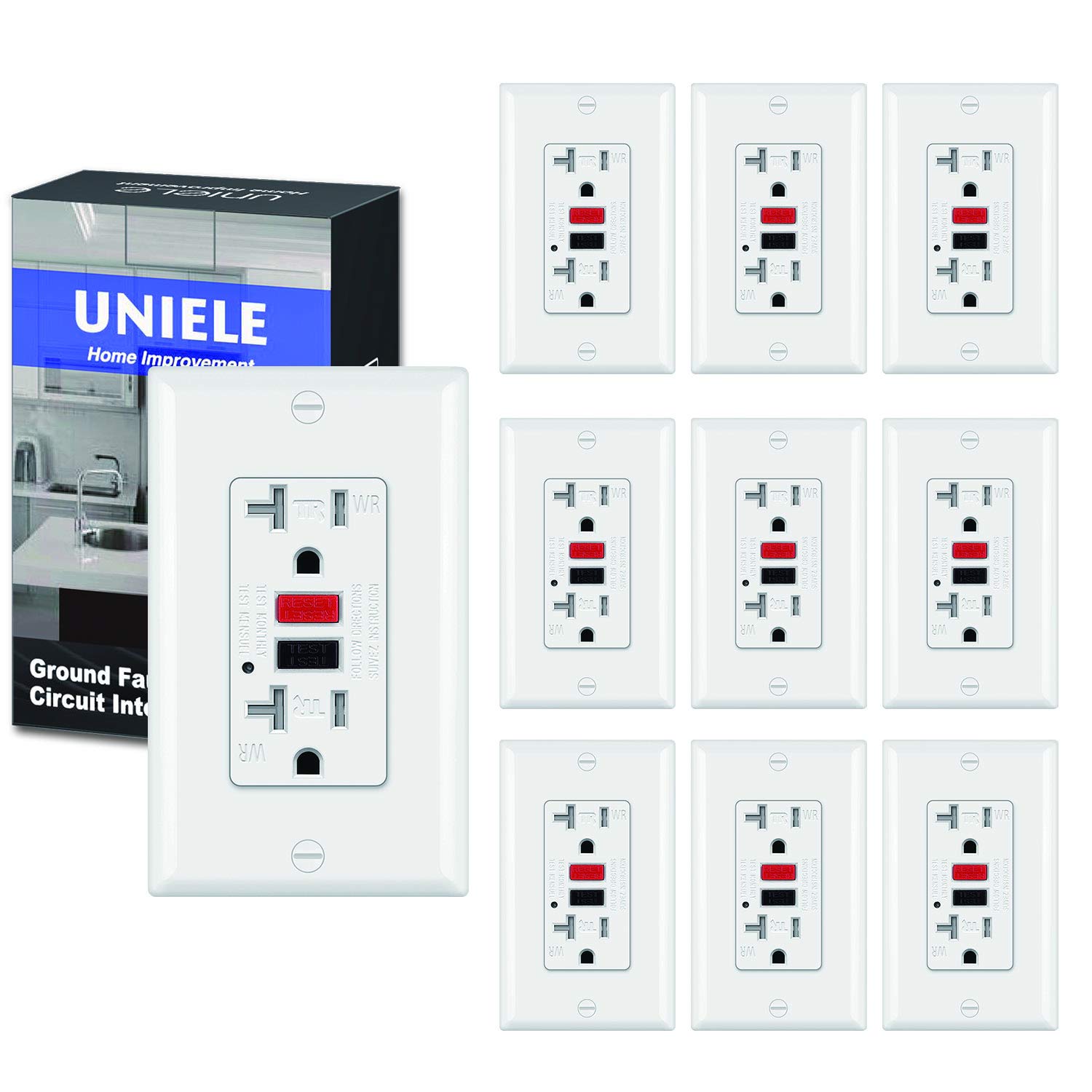 (10 Pack) UNIELE GFCI Receptacle Outlet, 20A/125V, Weather-Resistant (WR) & Tamper-Resistant(TR) Ground Fault Circuit Interrupter Outlets, Wallplate Included, White: Industrial & Scientific