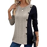 BAISHENGGT Tunic Tops for Women Dressy Casual Color Contrast Long Sleeve Blouse Crew Neck Streetwear T Shirts