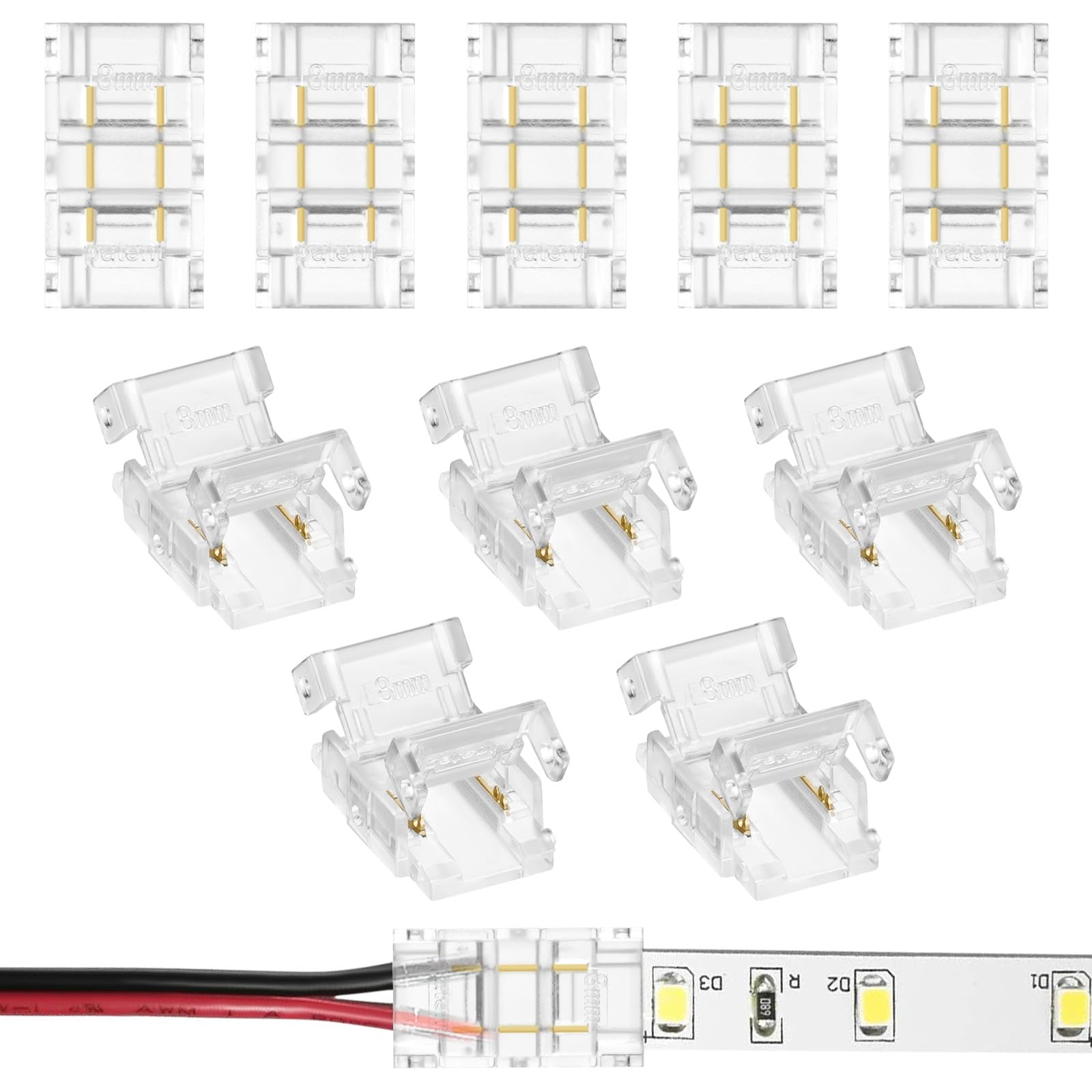 HOTUT 2 Pin 8mm COB LED Strip Light Connectors, 10pcs RGB LED Tape Connector, Gapless Solderless Connectors, DIY Strip to Wire Quick Solderless Connection for 10mm Wide SMD LED Strip Lights