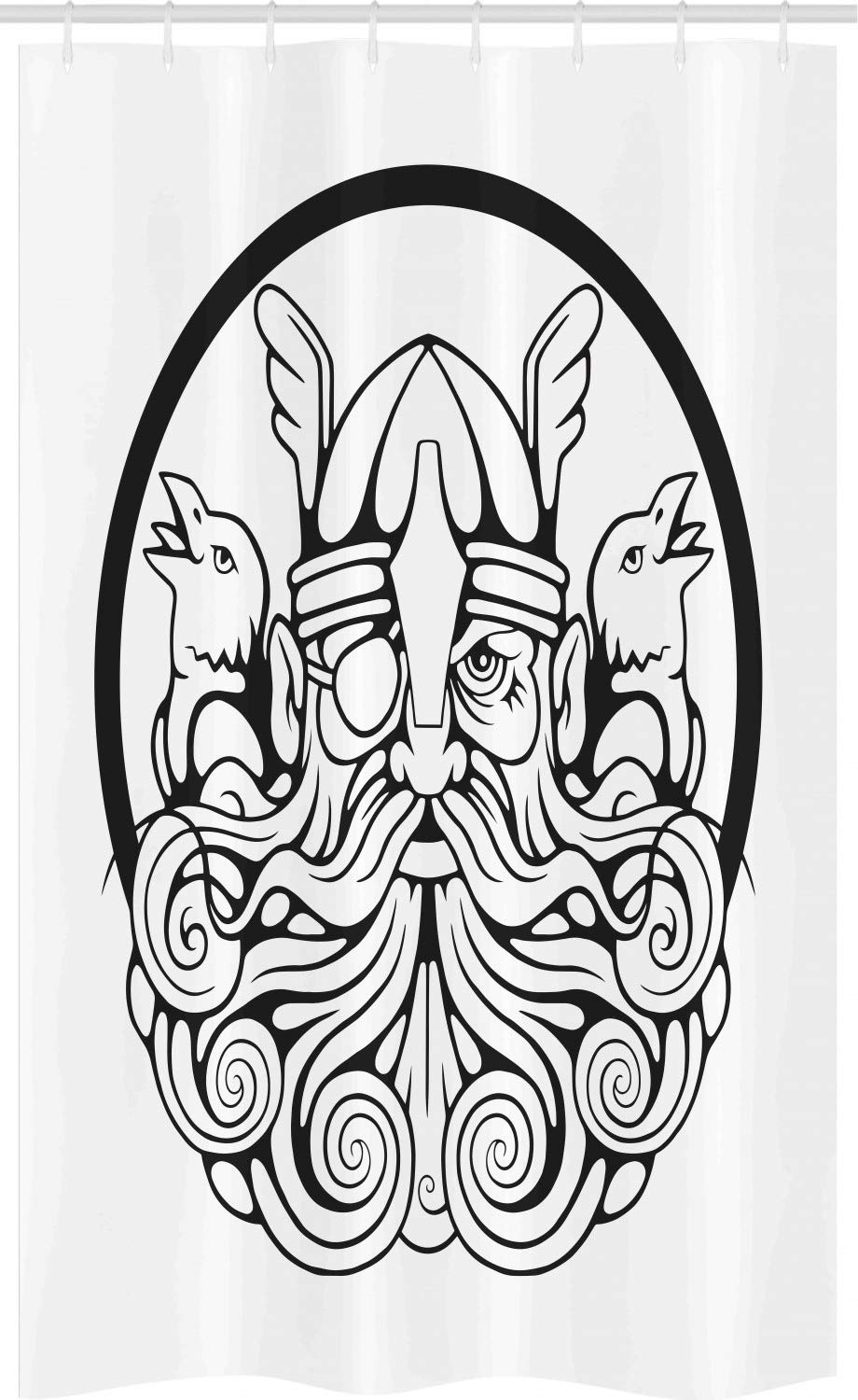 ABAKUHAUS Black and White Stall Shower Curtain, All Father Odin with Eye Patch and Crows Themed Composition Print, Fabric Bathroom Decor Set with Hooks, 47" x 70", White and Black