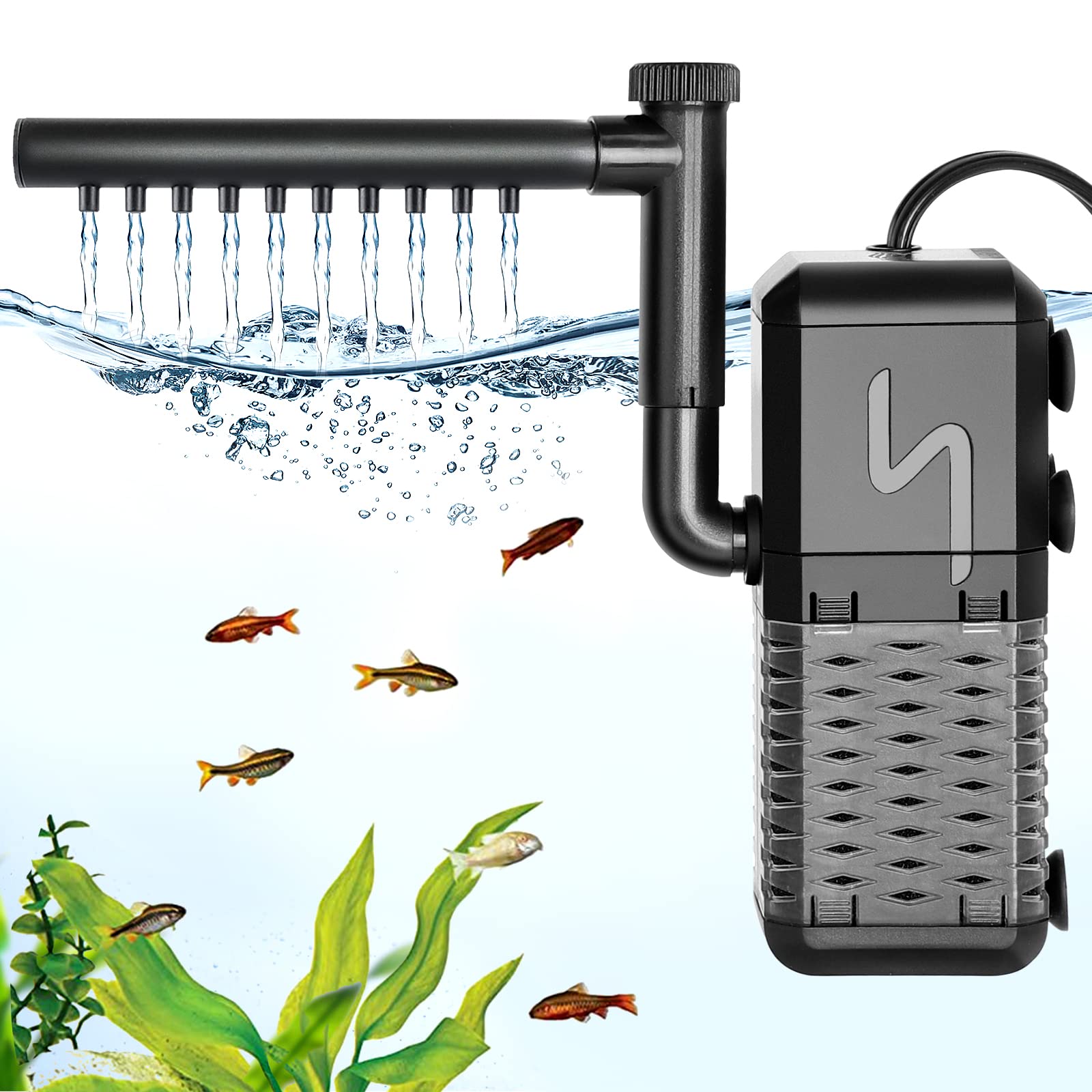 AQQA Fish Tank Filter, 600L/h Internal Aquarium Filter with Aeration & Rainfall, 6W Quiet Fish Tank Filter Pump for Tanks up to 200L