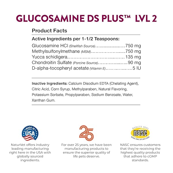 NATURVET GLUCOSAMINE DS PLUS HIP & JOINT SUPPORT LIQUID PET SUPPLEMENT – LEVEL 2 MODERATE CARE FOR DOGS & CATS – INCLUDES GLUCOSAMINE, MSM, CHONDROITIN – 16 OZ