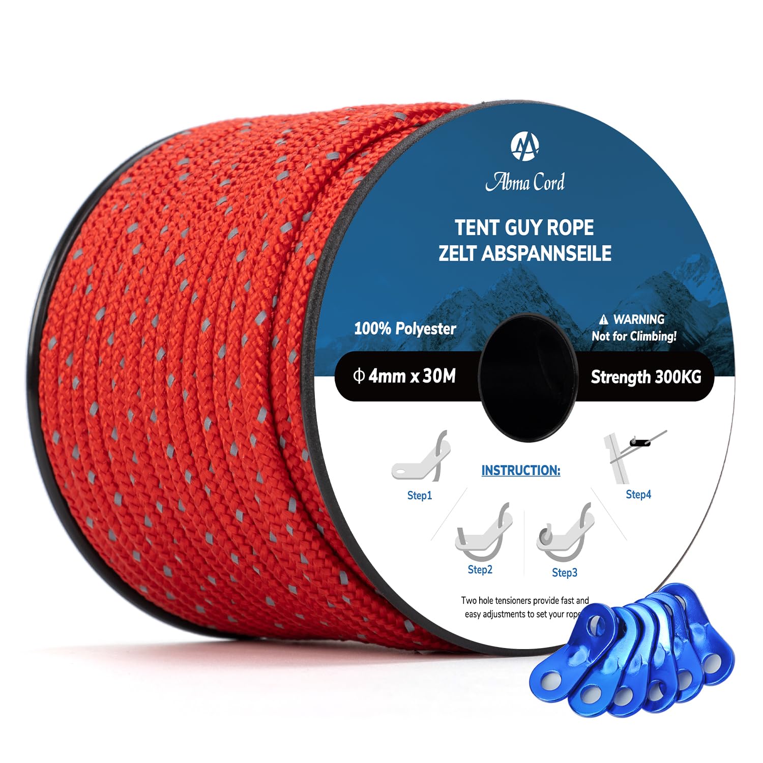 Abma Cord Tent Guy Ropes 4mm 30M Guy Line 6 Pcs Guy Rope Tensioners Heavy Duty Guide Rope for Camping, Gazebos, Awning, Tarp - Reflective Red
